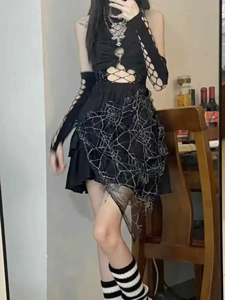 

Y2k Millennium Hot Girl Harajuku Punk Dark Spider Web Pin Style Trendy Half Skirt American Trendy Hot Girl Gothic Half Skirt