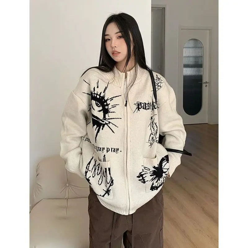 Suéter de diseño Jacquard suave y sencillo con personalidad coreana para mujer en otoño e invierno, chaqueta Retro con cremallera de nicho Y2K