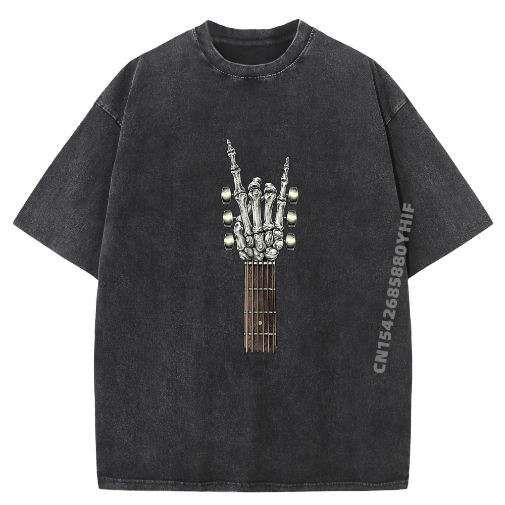 

Printed Tshirt On Guitar Neck Skeleton Hand Sign Roll Men Clothes Custom T Shirt Mens Comfortable Washed Shirt
