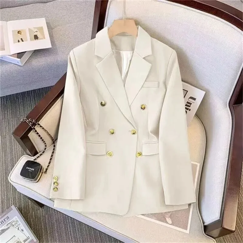 

New Korea Women's Blazer Long Sleeve Double Breasted Slim Coat Long Sleeve Suit Jacket Office Lady Casual Outwear