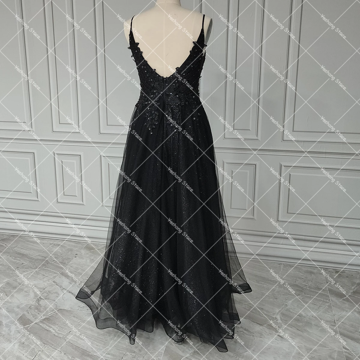 Preto cintas de espaguete shimmer tule beading vestido de casamento personalizado gótico dia das bruxas mergulhando baixo v sem costas brial vestidos