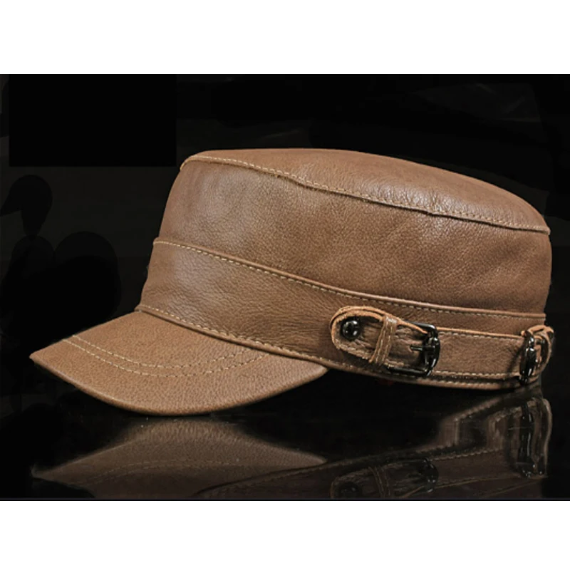 New 2022 Men Thick Genuine Leather Bomber Hat Flat Baseball Cap Winter Earflap Russian Hats Windproof Warm Man army cap