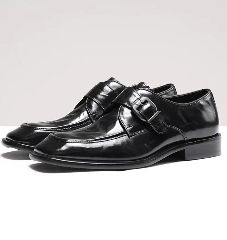High Quality Cowhide Wrinkle Resistant Sheepskin Lining Buckle Business Casual Leather Shoes For Men Square Toe Dress Loafers
