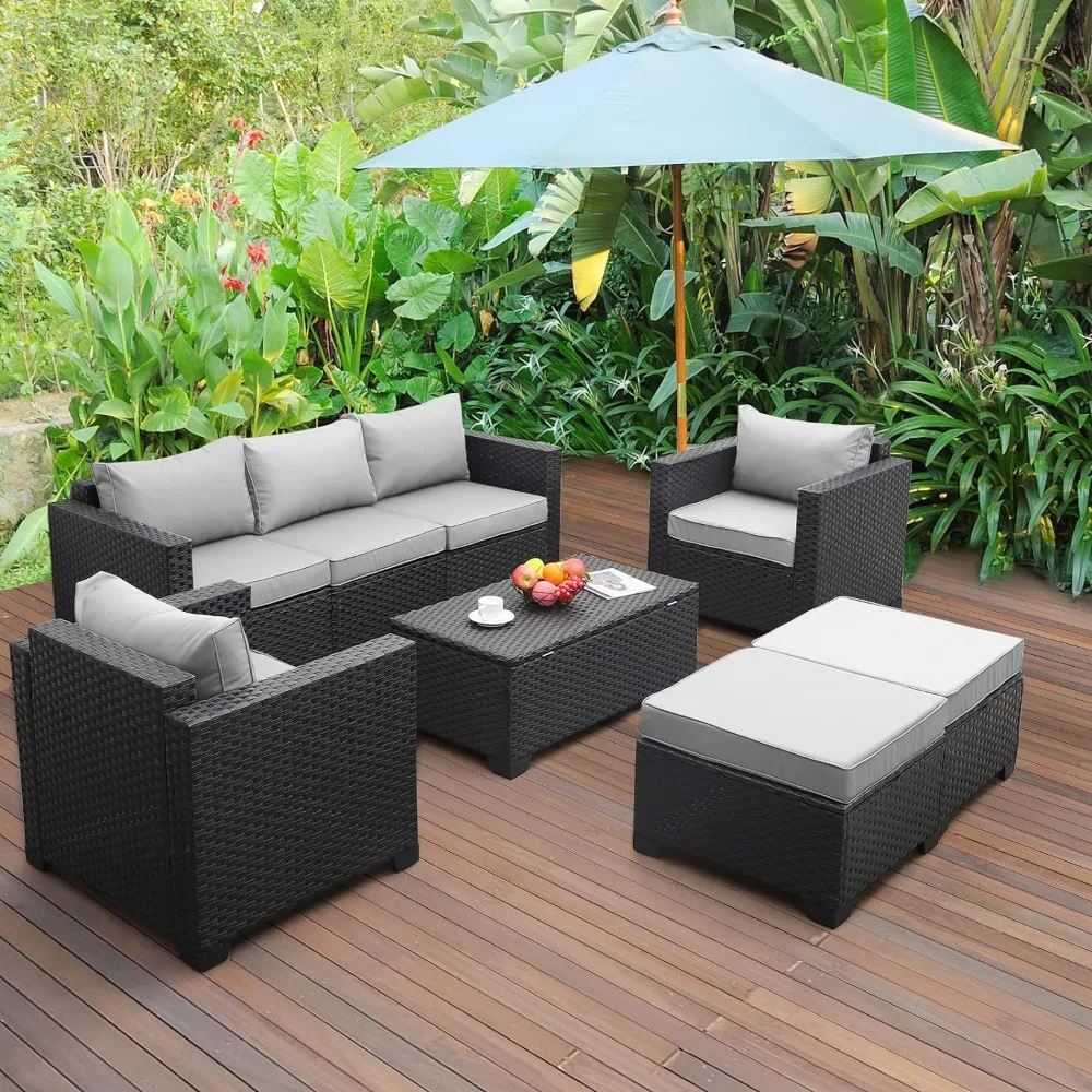 Patio Furniture Outdoor Set, 6 Pieces PE Rattan Conversation Couch Sectional Chair Sofa Set with Cushion, Garden Furniture Sets