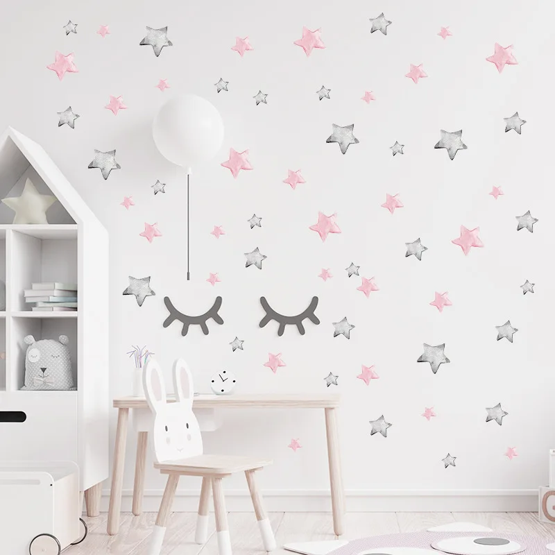 56 Hand Painted Pink Grey Stars DIY Wall Stickers Removable PVC Decals for Kids Room Girls Bedroom Nursery Decor Decoration Art