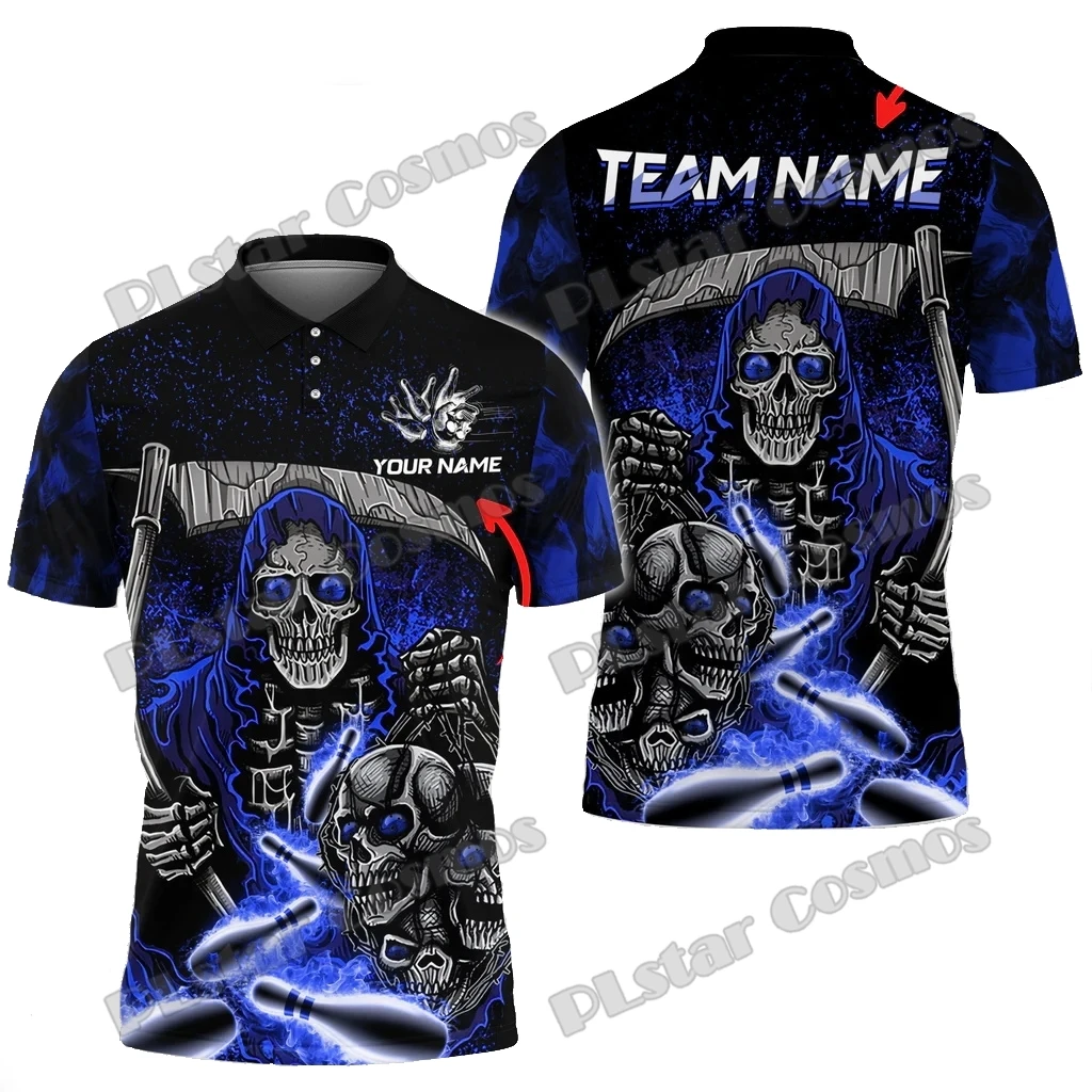 Bowling And Pins Reaper Flame Skull Pattern Personalized Name 3D Printed Men's Polo Shirt Summer Unisex Casual Polo shirt WK218