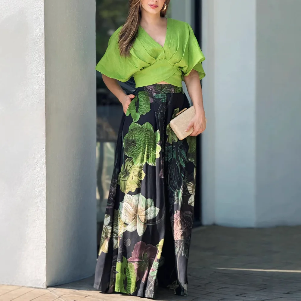 

Women Summer Spring 2 Pieces V Neck Short Sleeve Ruched Top and Floral Print Pocket Design Wide Leg Pants Sets