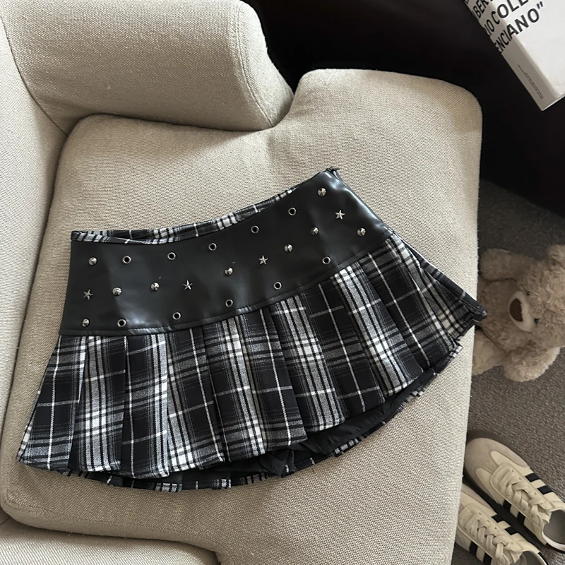 Y2K Plaid Mini Skirt Women Vintage Harajuku Pu Leather Patchwork Pleated Skirts Autumn Sexy Gyaru Grunge Design A Line Faldas