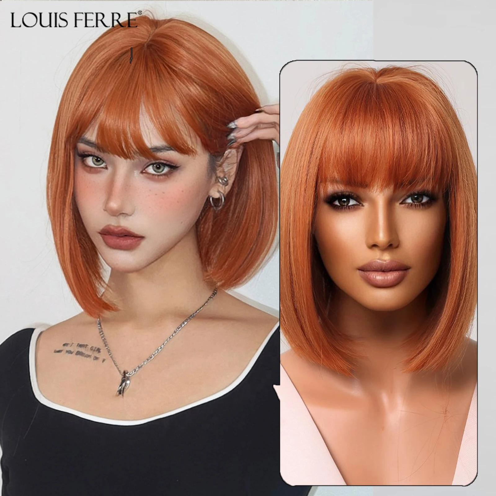 LOUIS FERRE Short Orange Ginger Bob Wigs With Bangs Copper Synthetic Wigs for Women Lolita Daily Heat Resistant Fiber Wigs