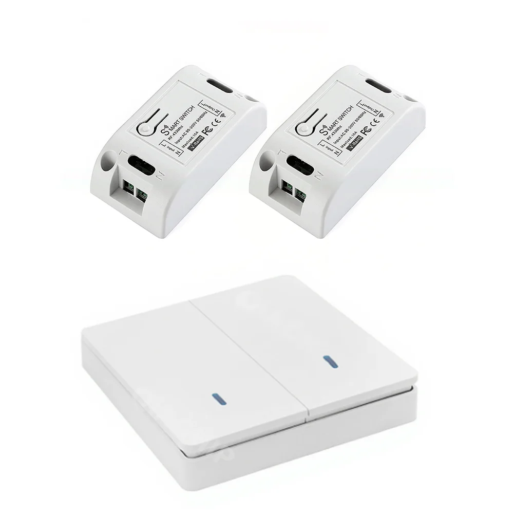 

Беспроводной выключатель света с двумя кнопками, 85-250 В, с сигналом RF 433 МГц, радиус действия до 100 м, включает два приемника, не требует проводки.