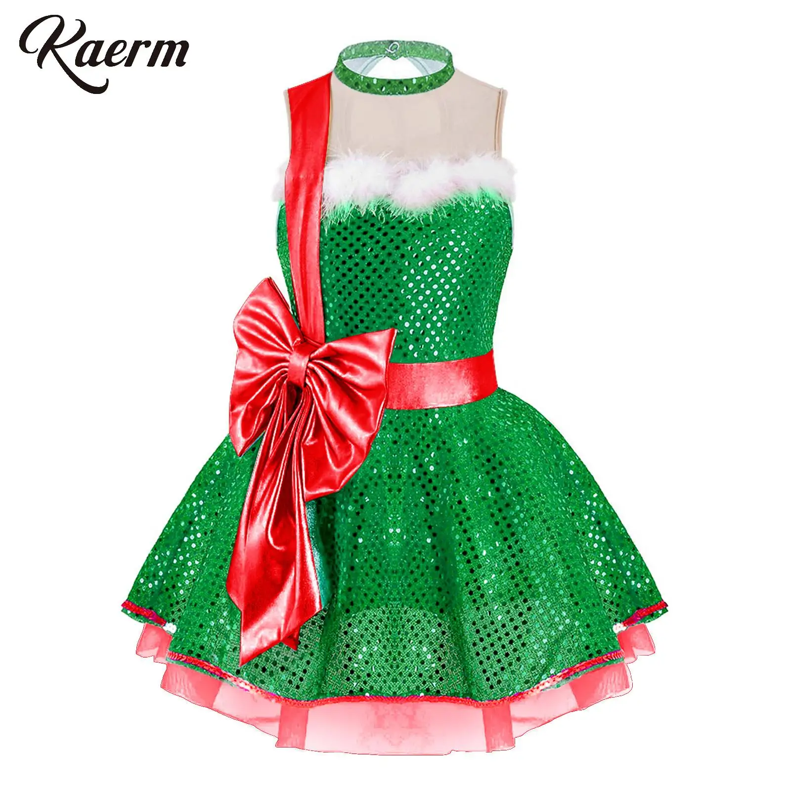 kids Girls Christmas Dress Sleeveless Feather Neckline Mesh Splicing Ribbon Bow Decorated Sequin Puffy Skirt Jumpsuit