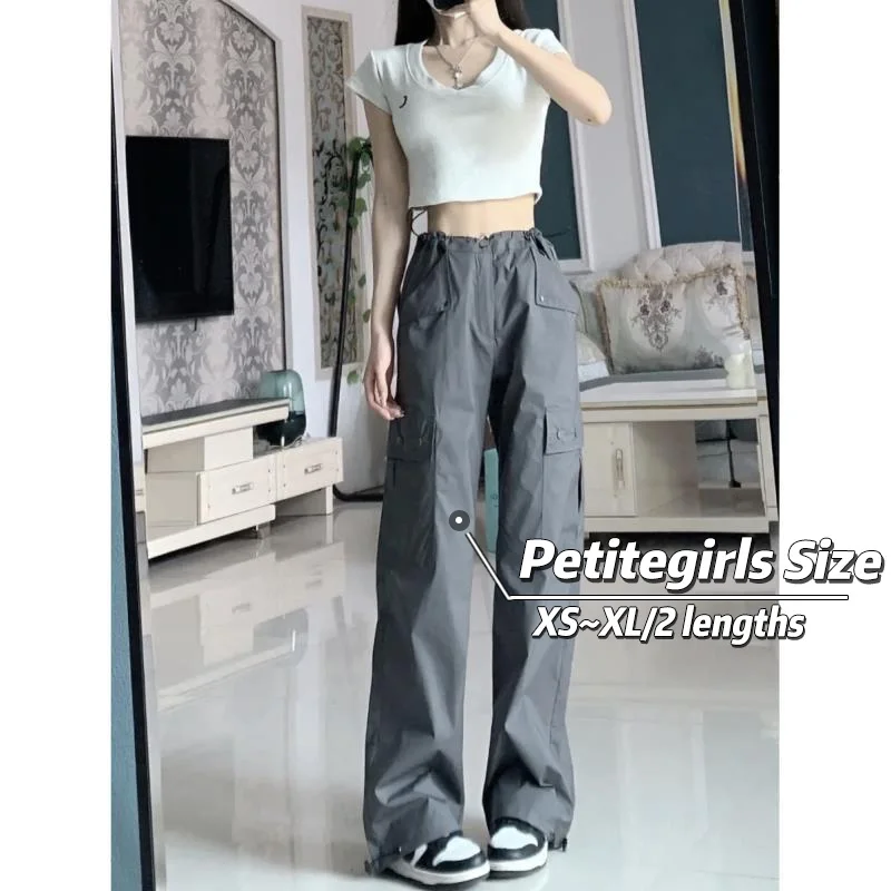 

145cm Petite girls Vintage American Workwear Pants Women High Waist Straight Wide Leg Casual Trousers XS Appear High Nine Points