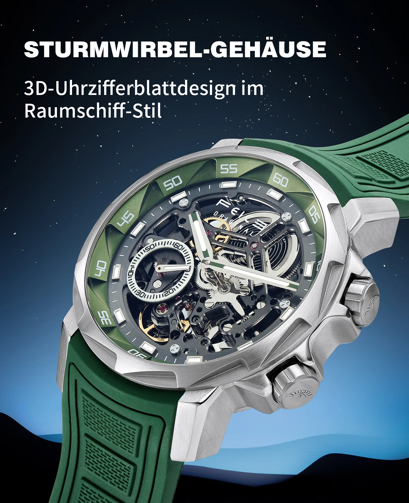FEICE FM511 Men's Automatic Mechanical Watch,Fashion Skeleton Watch For Men,Green Silicone Strap,Luminous,Waterproof,Gifts