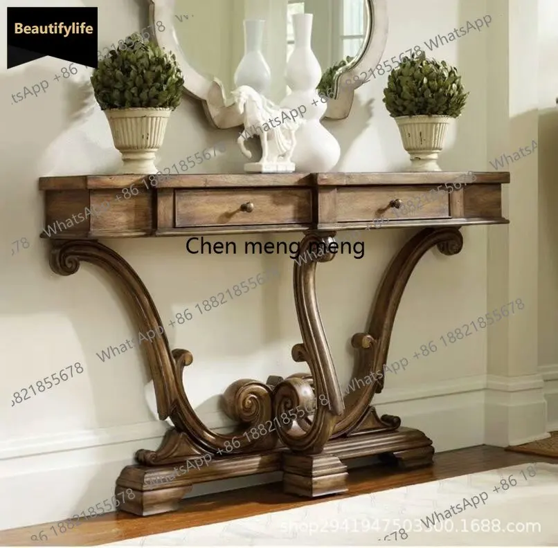 

A139 American country solid wood entrance table oak retro carved partition table foyer entrance display table