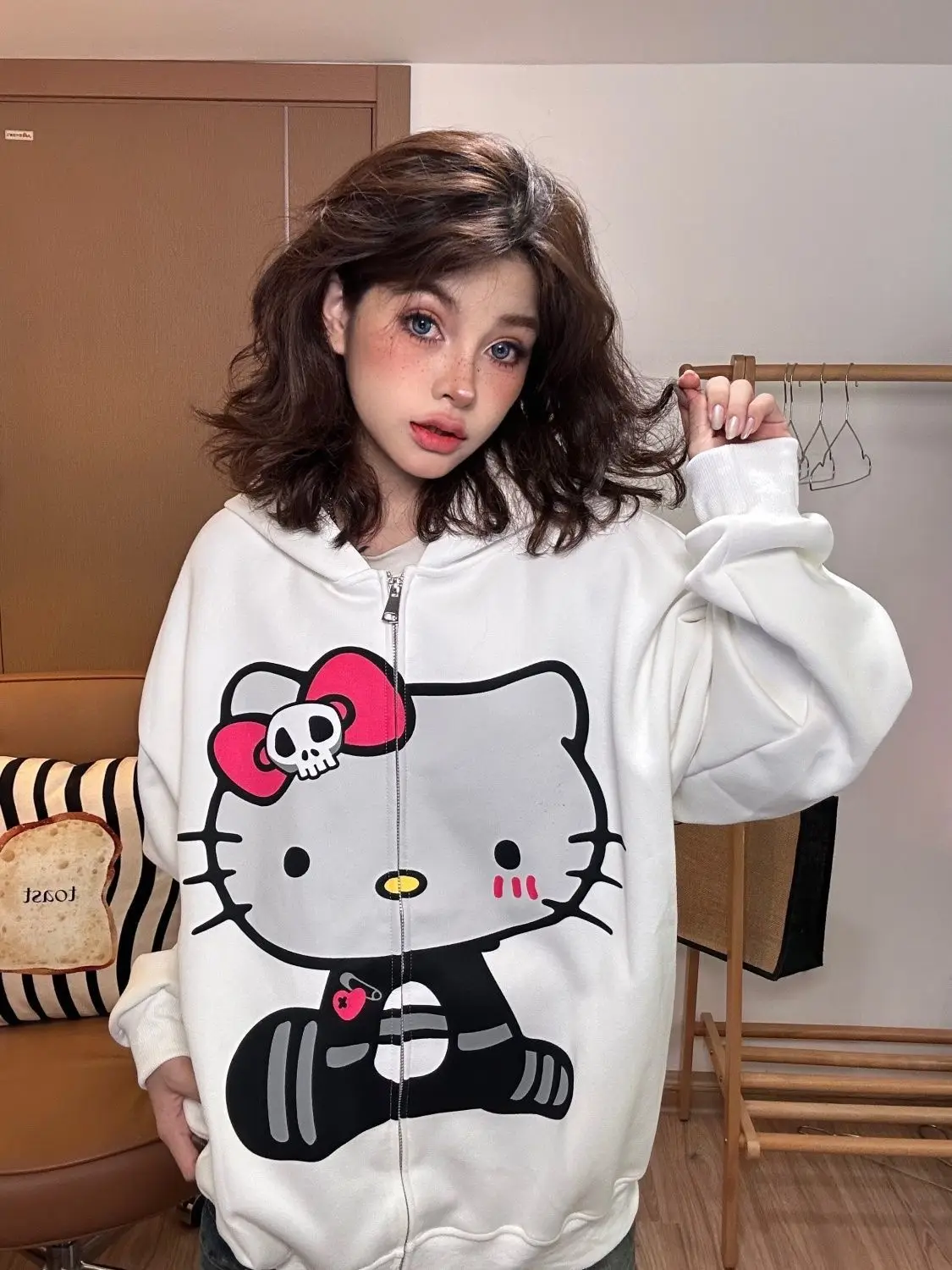 Sanrio Hello Kitty Zip Up Hoodie Streetwear Women Kawaii Girls Coat 2024 Spring New Oversized Couple Loose Top Y2k Clothes 2000s