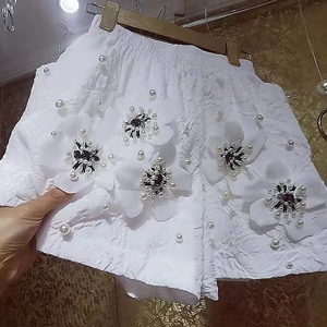 Kurzhose für Frauen mit gebratenen Perlen, große Beinshorts, 3D -Blumenhose, elastische Taille, Luxusstil 9 Hauptverkäufe kurz Florido Female - №8