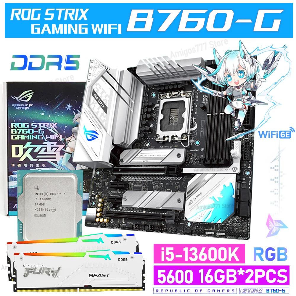 

Intel B760 DDR5 White Motherboard LGA 1700 ASUS ROG STRIX B760-G GAMING WIFI 6E + i5 13600K CPU With RAM Suit 32GB 5600MHz RGB