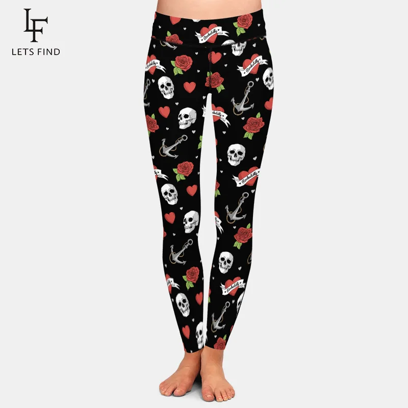 

LETSFIND 2020 High Quality Women Fashion Leggings Anchor Roses Hearts And Skulls Print High Waist Fitness Leggings