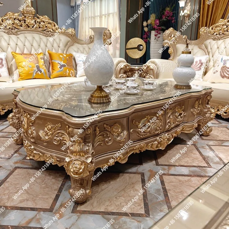 European-style large coffee table, villa living room all solid wood 1.9 meters coffee table, desktop engraving with glass