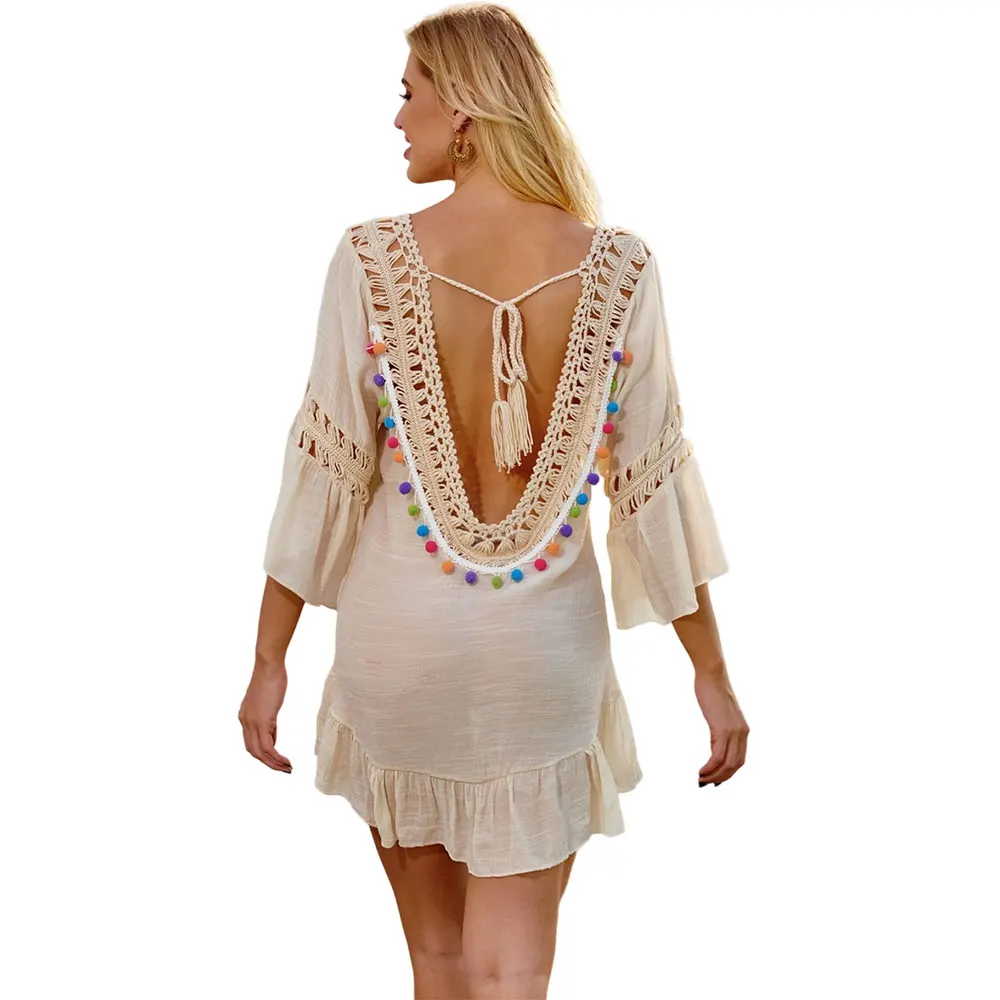 

Backless Lace-up Bikini Cover Up for Women Handmade Crochet Fringed Neck Beach Dress V-neck Half Sleeve Ruffles Back Color Ball