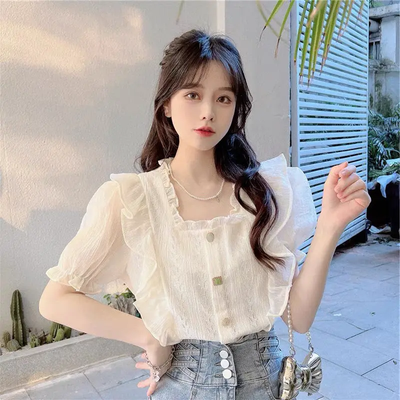 

Women Summer New French Ruffled Square Collar Shirt Female Short Sleeve Casual Shirts Ladies Solid Color Thin Blouses Top Q655