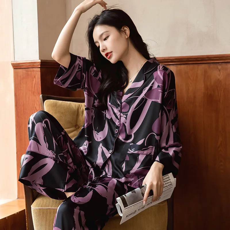 

Loose Women Pajama Set Print Bat Sleeve Ladies 2 Piece with Pant Silk Summer Satin Sleepwear Pijama Suit for Femlae Pyjama