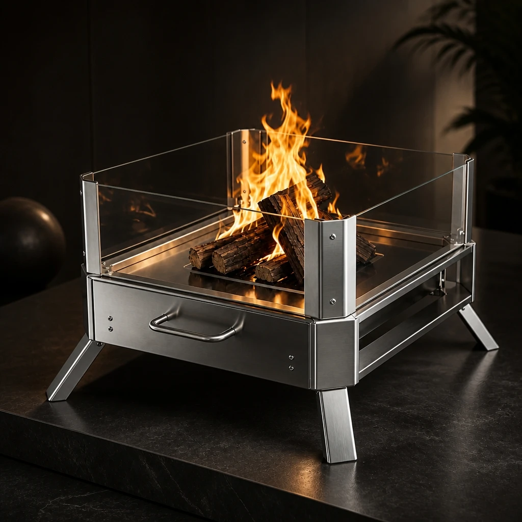 Portable Stainless Steel Fire Pit with Glass Wind Guard Outdoor Camping Fire Pit Foldable Bonfire Stove