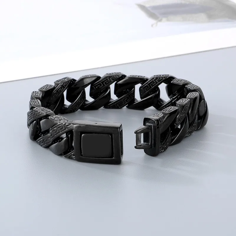 Special Pattern Charm Men's Bracelet Punk Black Plating Square Link Chain Bracelet Personalized Stainless Steel Party Jewelry