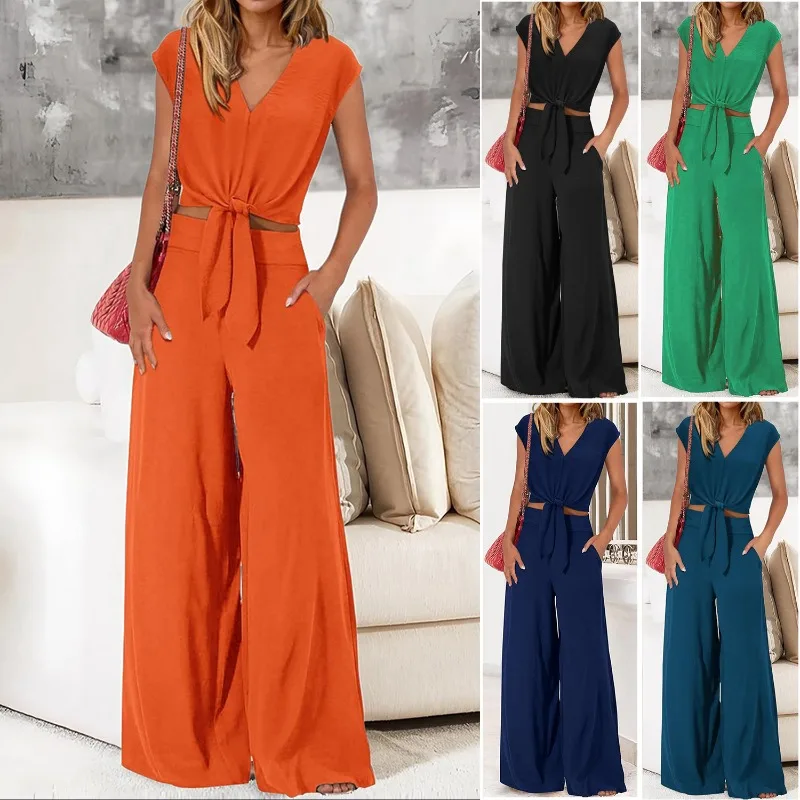 

Trendy 2025 Summer Women Casual Outfit Loose Wide Leg Pants Two Piece Set Cross Border Fashion Temperament Suit
