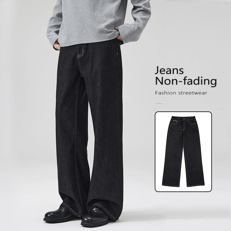

Невыцветающие черные джинсы, мужские мешковатые широкие потертые джинсовые брюки, модная уличная одежда, весенние свободные брюки высокого качества
