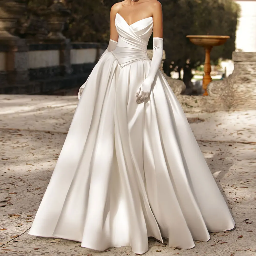 

Elegant Satin V Neck Wedding Dresses For Bride A Line Long Ball Gown For Women Backless Beach Bridal Party Gown Customized