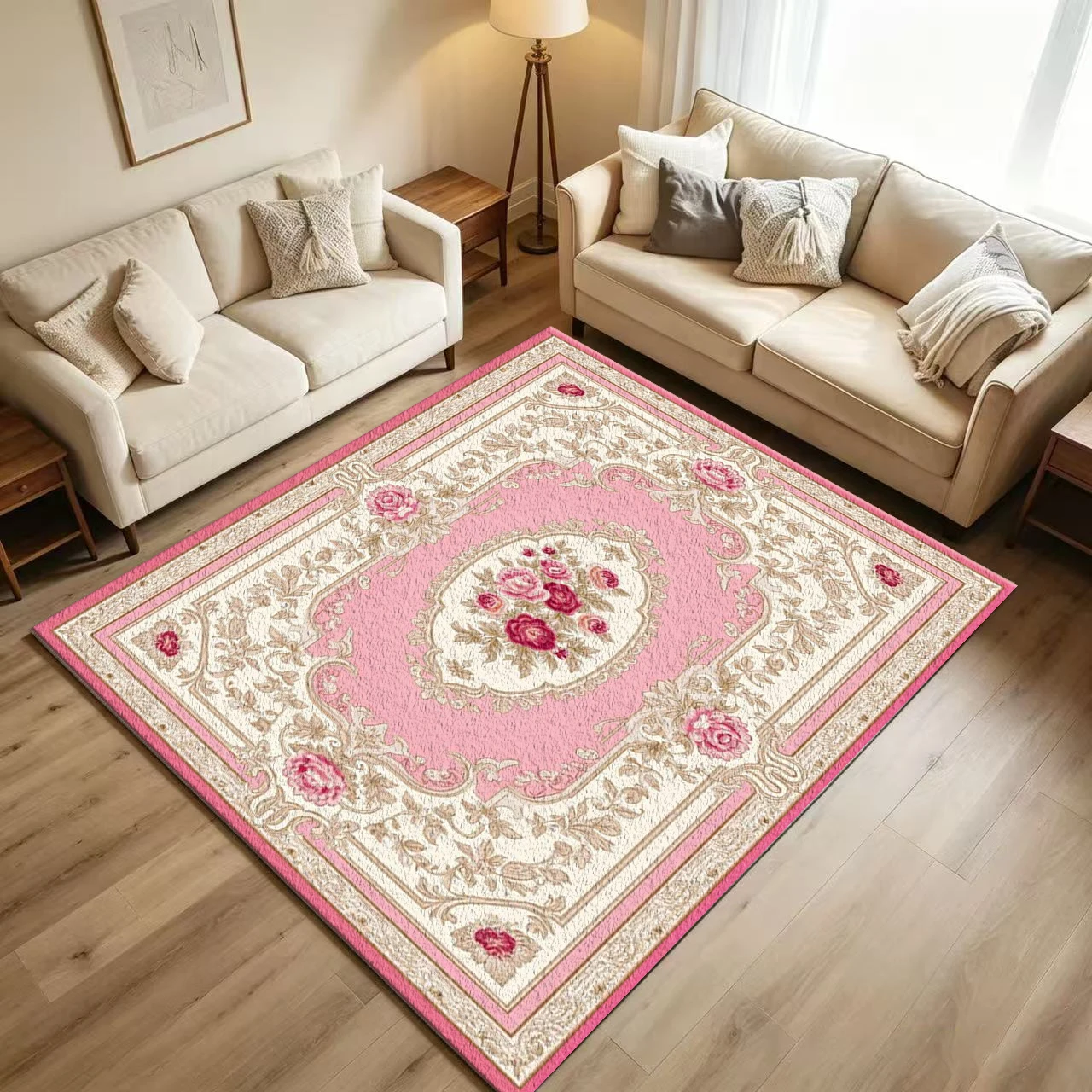 Pink Cream European Baroque Rose Carpet Flooring Luxurious Vintage Floral Border Printed Floor Rug for Household Indoor Decoration