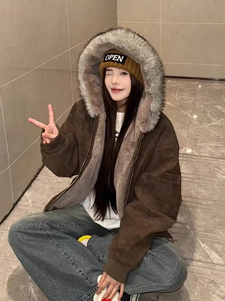 

Утепленная зимняя куртка Cleanfit с меховым воротником, из искусственной кожи и овечьего вельвета, на молнии, с капюшоном, для мужчин и женщин