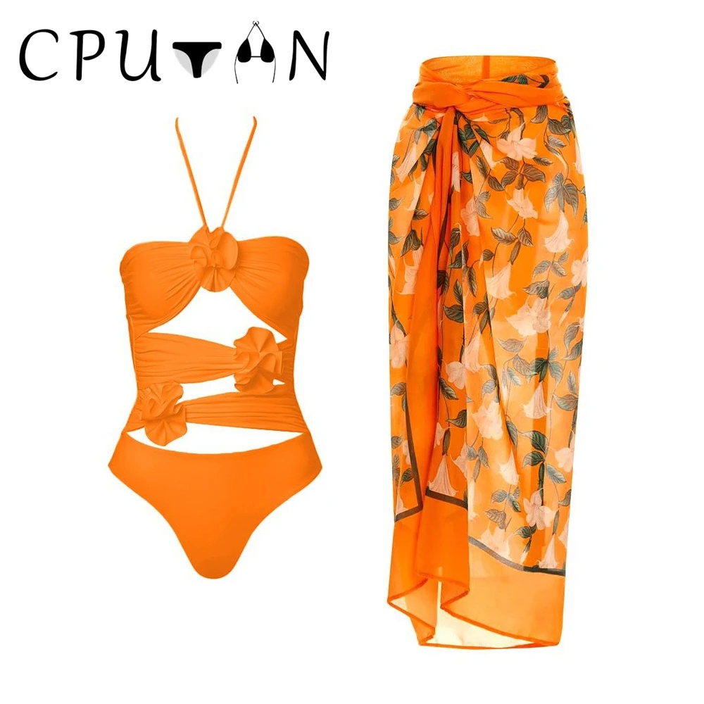 

CPUTAN 2024 Sexy 3D Flower One Piece Swimsuit Skirt Summer Women Halter Print Swimwear Beach Dress Cover Up Monokini Bath Suit