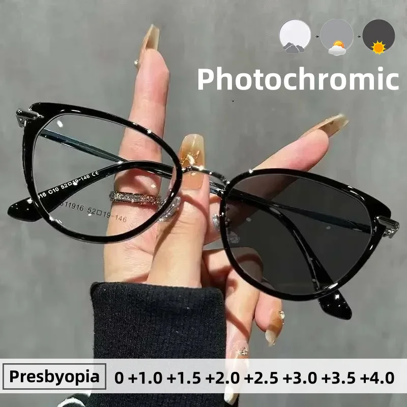 

Fashion Photochromic Presbyopia Glasses Men and Women Cat Eye Anti Blue Light Glasses Optical Prescription Eyewear 0 TO +4.0