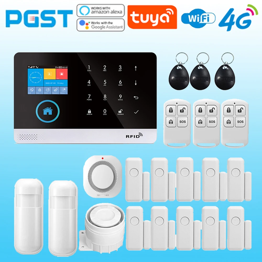 4G Home Security Alarm System 433MHz WiFi GSM Wireless Alarm Tuya Smart Home Application Control, Equipped with Smoke Detector