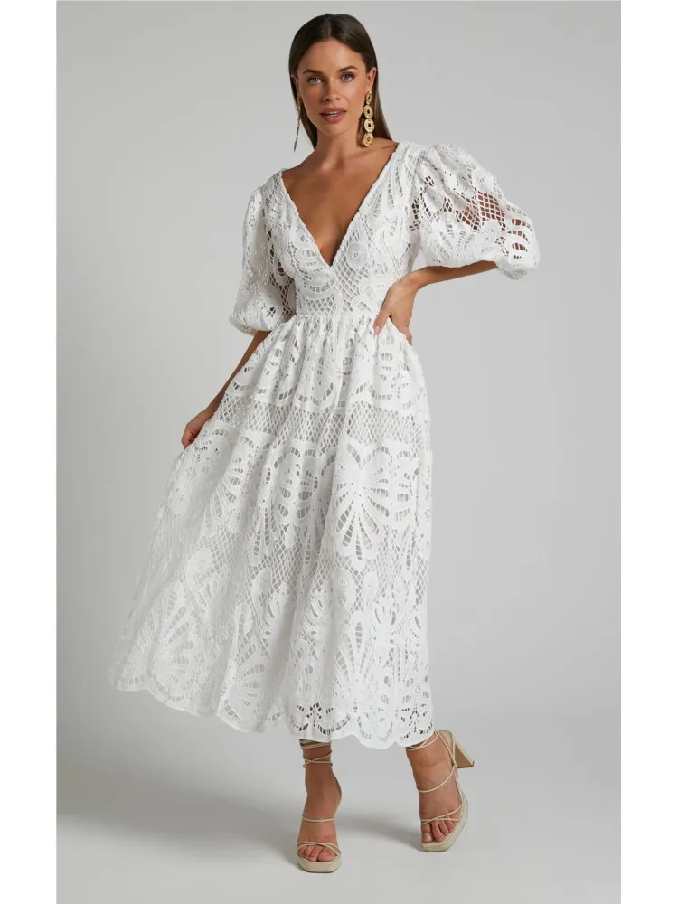 

Sexy Hollow Solid Color Long Skirt 2026 Summer New V-neck Lace Embroidered Dress Fashionable Temperament Lantern Sleeve Skirt