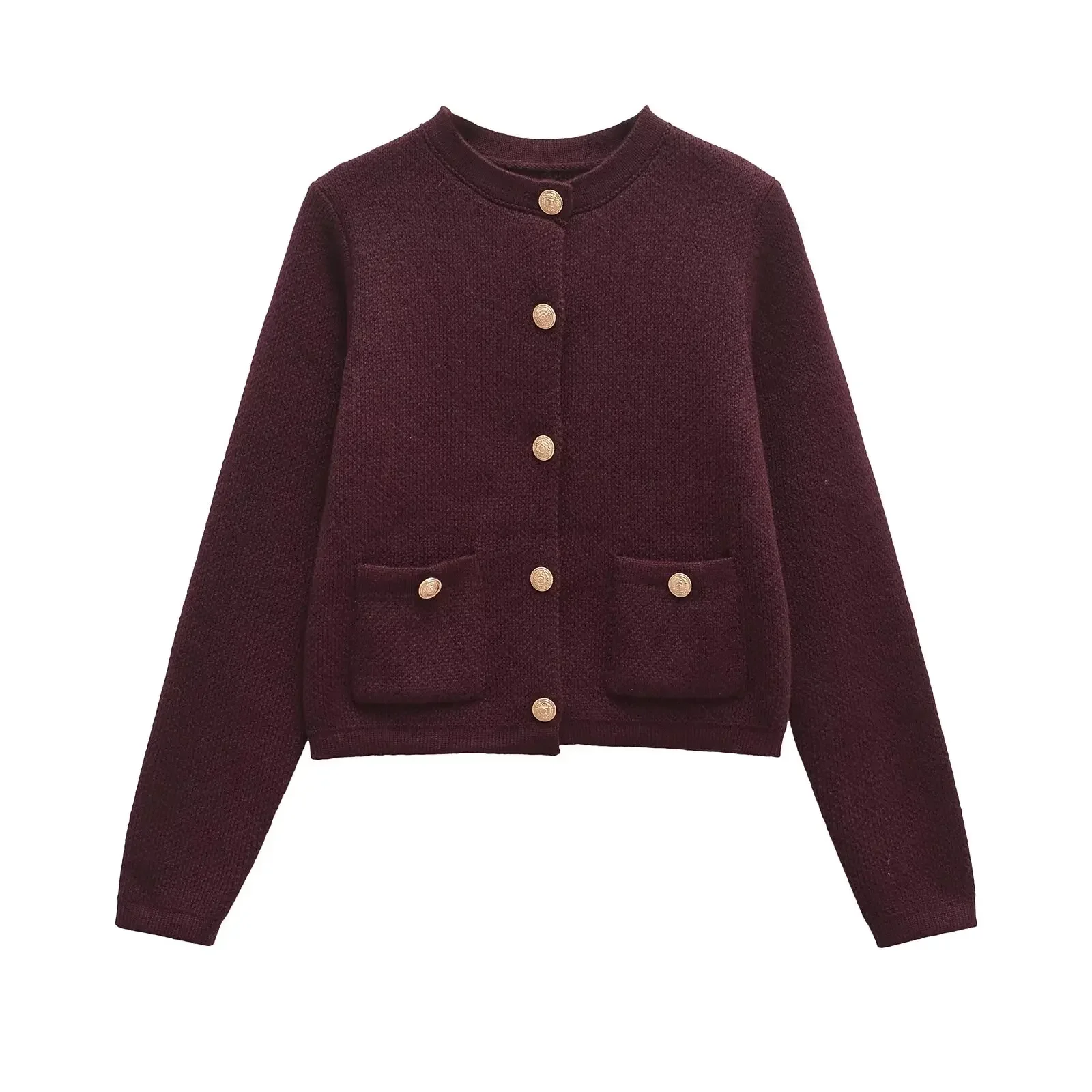 TRAF Knit Cardigan with Buttons for Women Coat Harajuku Vintage O-neck Cardigan Women's Sweater Burgundy Sweater 6427144