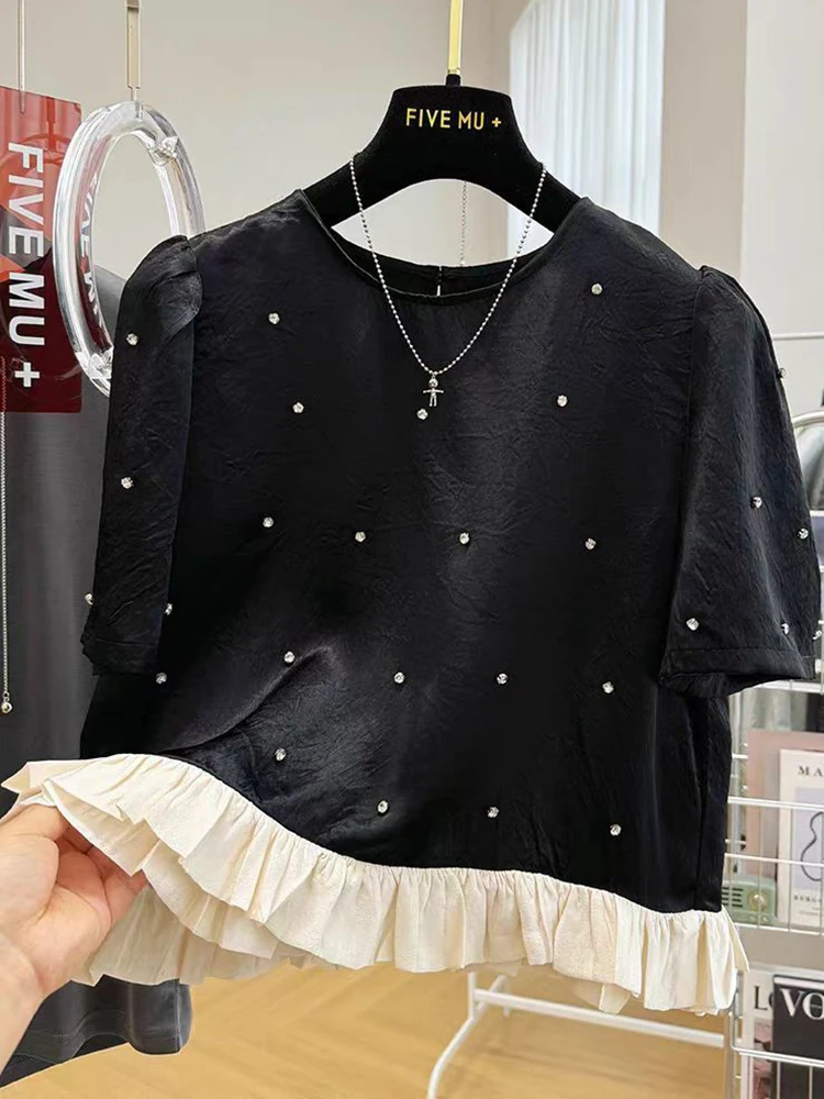 High end chic diamond inlaid bubble short sleeved shirt for women's summer ruffle hem short top  tops