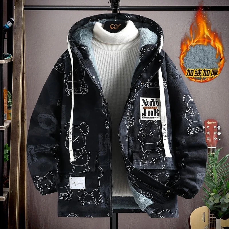 

New Autumn and Winter Fashion Trend Printed and Plush Thick Warm Hooded Jacket For Men's Casual Loose Sports High-end Jacket