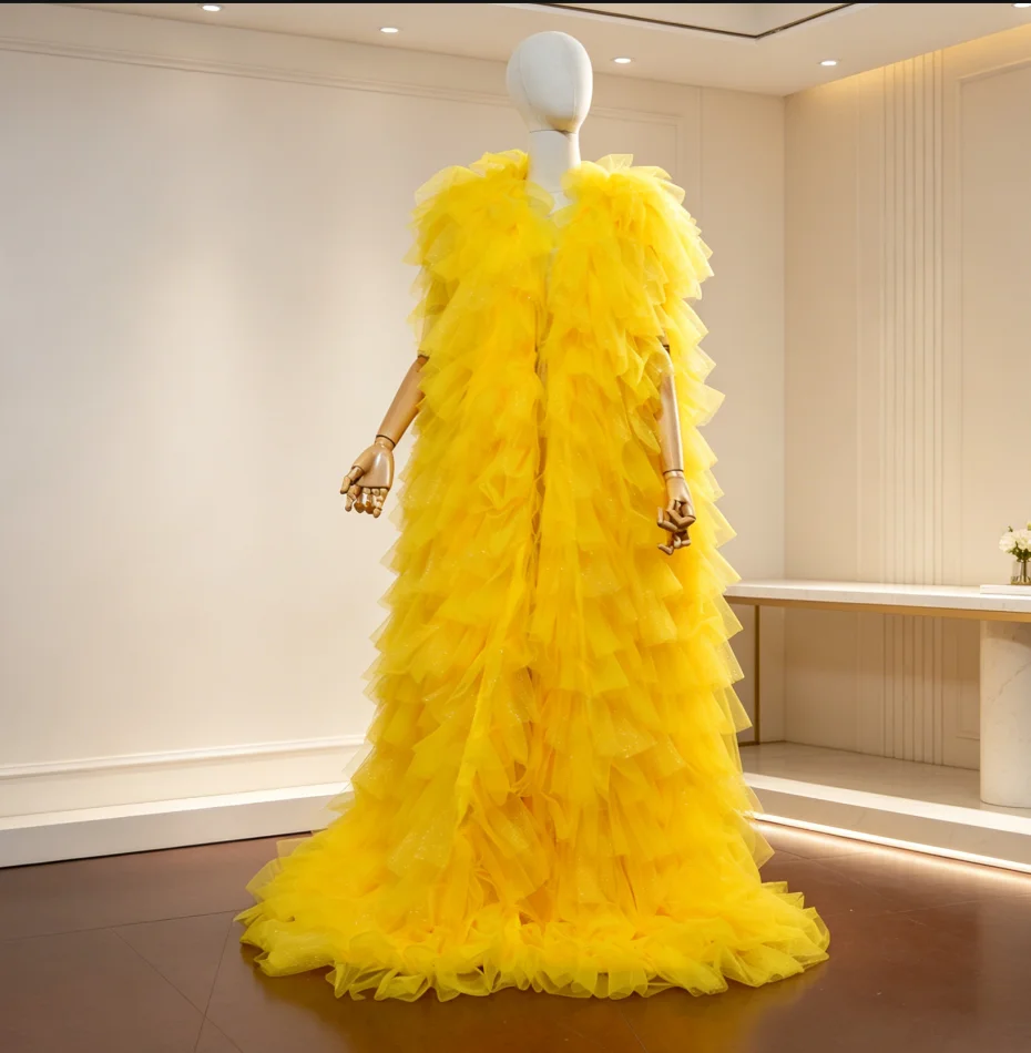 yellow Tulle Sleeveless long vest Women Cape Tiered Prom Coat Evening Party Fashion runway wedding bride Robe cloak custom color