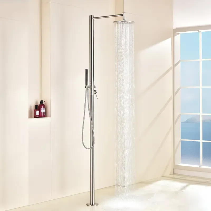 Brushed Brass Freestanding Hotel Use Outdoor Pool Column Shower Jet Rain Spray Ceramic Cartridge Slide Bar Floor Stand