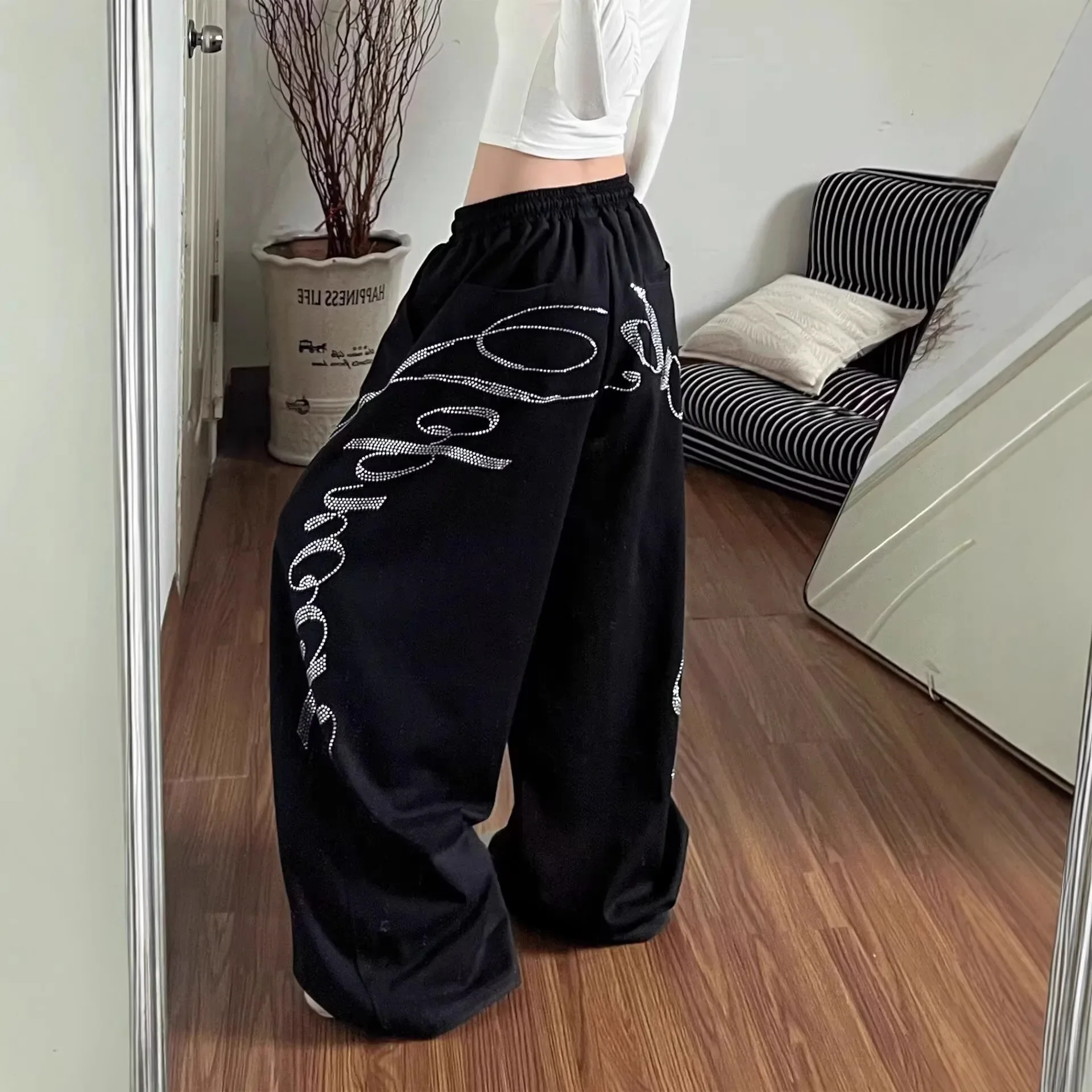 Summer Women Black Gothic Baggy Y2k Letter Pants Korean Fashion Vintage Oversize Hip-pop Sweatpants Wide Leg Trouser