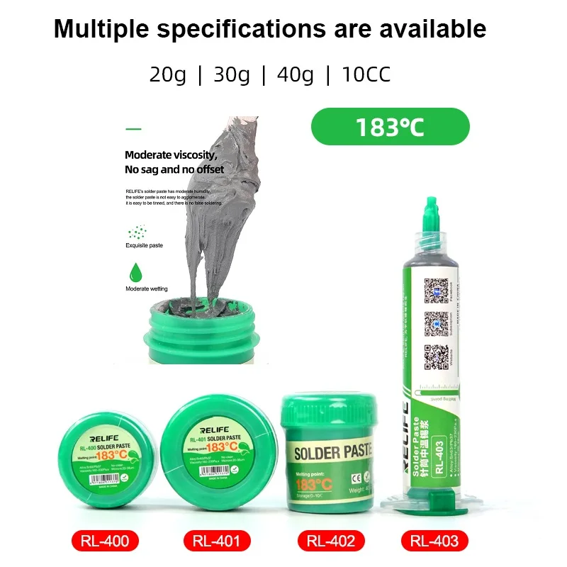 

138℃ 183℃ 217℃ 40g 30g 20g 10CC RL 400 401 402 403S 404S 406S BGA LED Solder Paste No-clean Original RELIFE Tin Flux Syringe