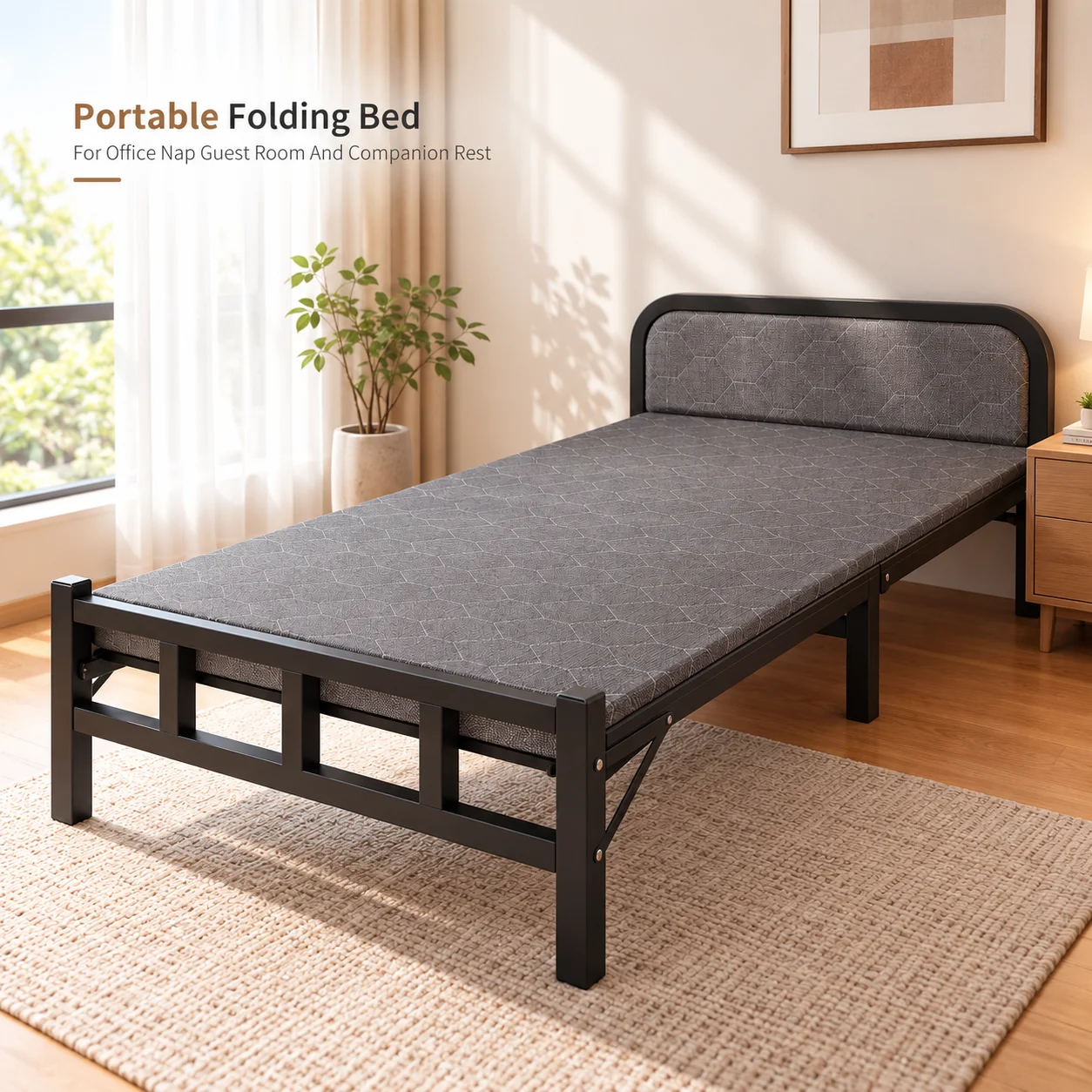 AOLIVIYA Folding Bed Portable Guest Bed Single Sleeper Cot With Steel Frame Padded Headboard For Office Nap Hospital Companion