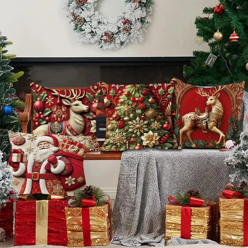 Christmas Square Pillow Cover Linen Snowman Reindeer Santa Pattern Cushion Case Festive Decor for Sofa Living Room Bedroom