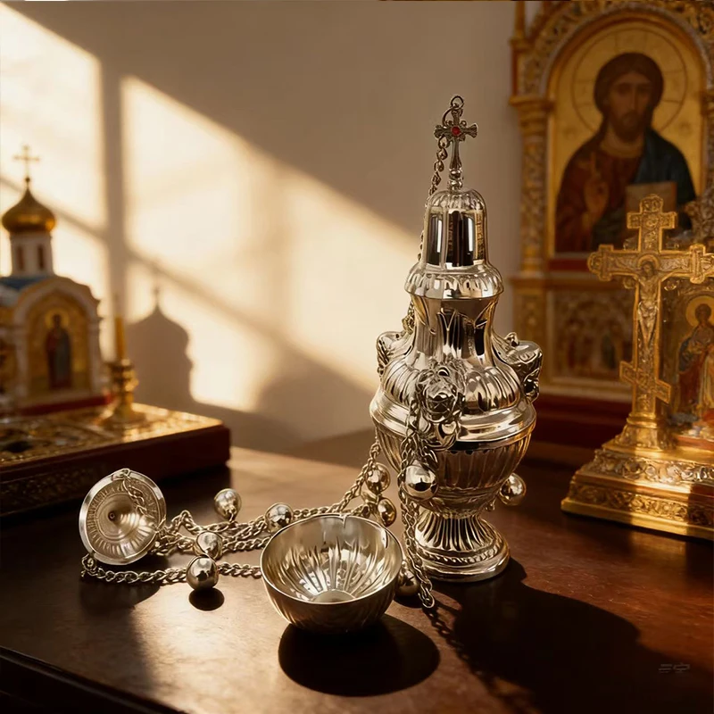 

Silver Plated Catholic Orthodox Hanging Censer with Lion Head Embossed Carvings and Bells for Church Home Altar Devotion Gift