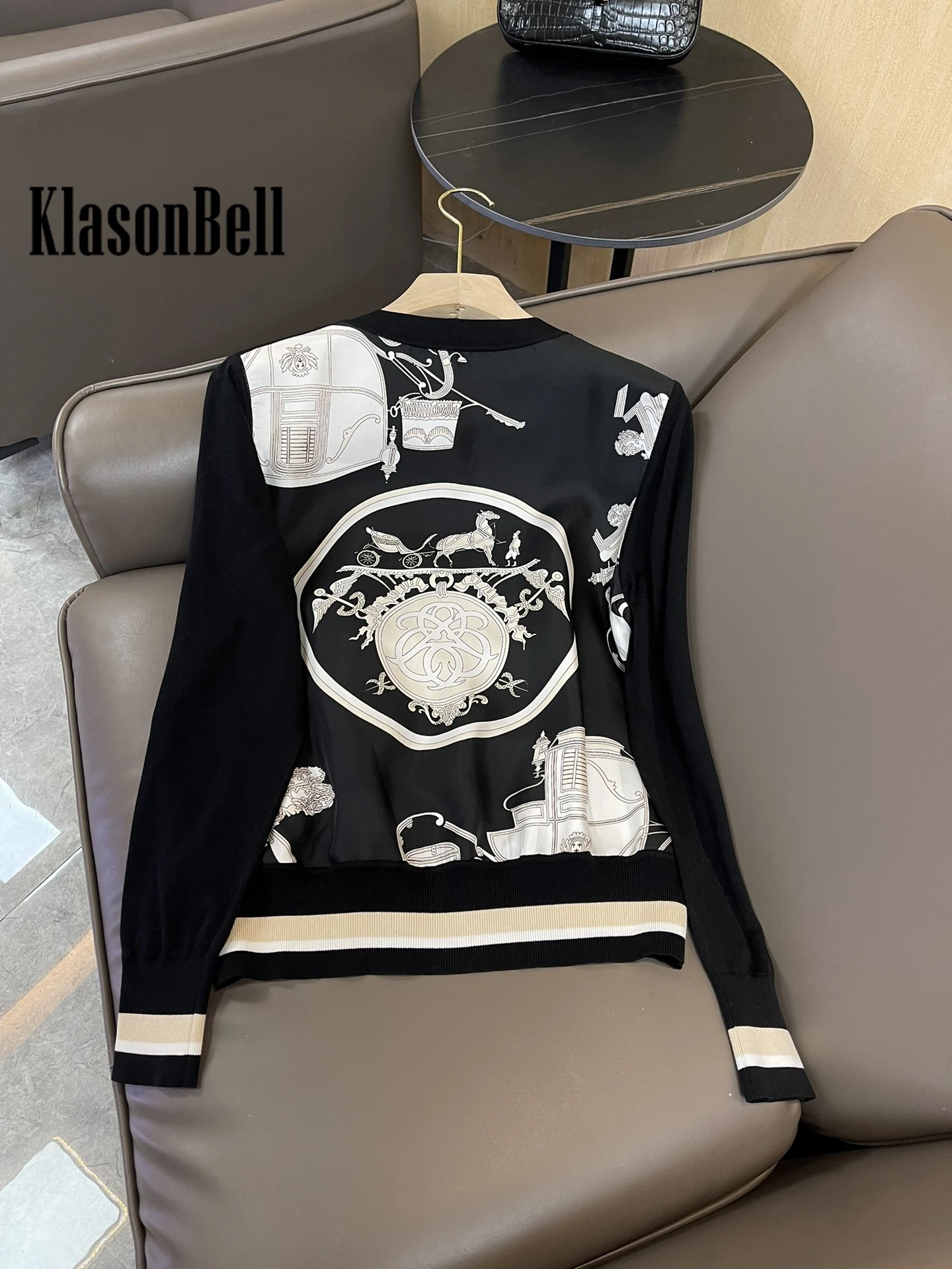 9.26 KlasonBell Casual Contrast Color Silk Pattern Print Single Breasted Wool Knitted Cardigan Women