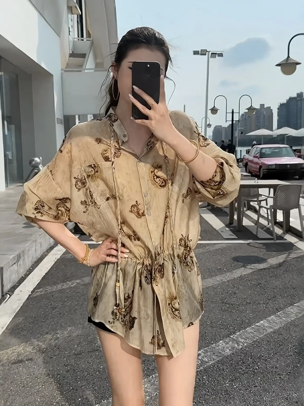 

Женская летняя блузка с геометрическим принтом, приталенная, с длинным рукавом, новый стиль, высококачественная, уникальная, с эффектом утяжки талии, в корейском стиле, для офиса и повседневной носки