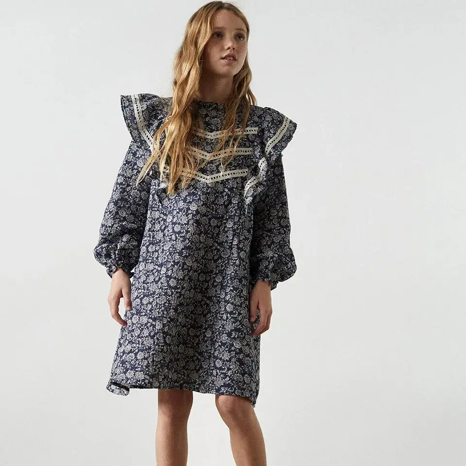 

Autumn Winter Girls Dress Baby Blue Floral Cotton Gauze with Lace Puffy Sleeves Long Sleeve Country Style Dress for Kids